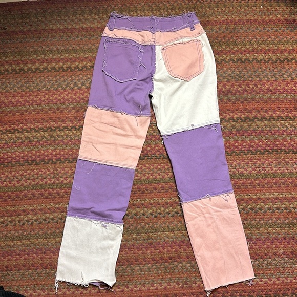 PINK PURPLE & WHITE PATCHWORK STRETCH JEANS - Picture 3 of 3
